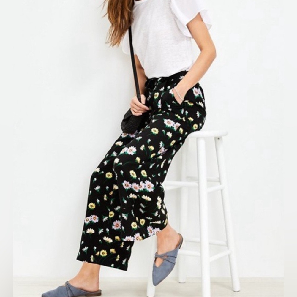 LOFT Womens XS petite Florence Tie Waist Fluid Wide Leg Crop Pants Garden Black